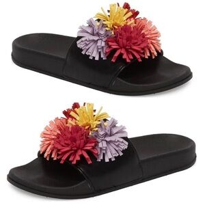 Women’s Nordstrom BP Lightweight Black Slip On Ace Slide Sandal Pom Poms Size 6